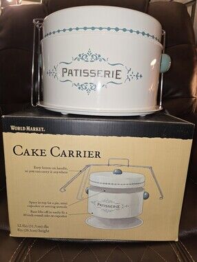 New In Box Cost Plus World Market White Cake Carrier with Teal Accents